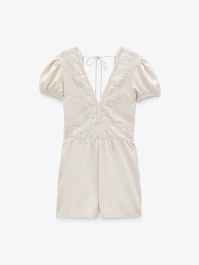 Zara Cream Embroidered V-Neck Tie-Back Romper